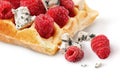 Closeup french waffles with raspberries and dorblu