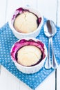 Closeup of a fresh blueberry cobbler.