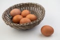 Closeup of fresh brown eggs in Easter basket Royalty Free Stock Photo