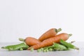 Closeup of fresh carrots and green young peas in their pods.Healthy ingredients for vegan menu on the white table against white ba Royalty Free Stock Photo