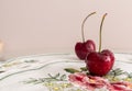 Closeup of fresh cherries with waterdrops on a plate