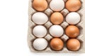 Closeup fresh chicken eggs arranged in a paper tray