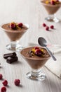 Closeup of fresh chocolate mousse and raspberry in a glasses. Royalty Free Stock Photo