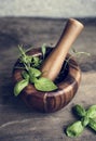 Closeup of fresh cooking herbs in wooden mortar and pestle