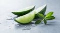 Closeup of fresh cucumber with leaf and water droplets, a symbol of refreshment Royalty Free Stock Photo