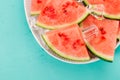 Fresh watermelon slices on ice cubes Royalty Free Stock Photo