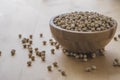 Closeup of fresh dry soybean seed in wooden bowl on wooden background Royalty Free Stock Photo