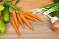 Closeup of fresh fruits and vegetables on wooden table, healthy food concept, abstract object and background Royalty Free Stock Photo