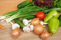 Closeup of fresh fruits and vegetables on wooden table, healthy food concept, abstract object and background Royalty Free Stock Photo