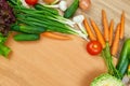 Closeup of fresh fruits and vegetables on wooden table, healthy food concept, abstract object and background Royalty Free Stock Photo