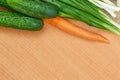 Closeup of fresh fruits and vegetables on wooden table, healthy food concept, abstract object and background Royalty Free Stock Photo