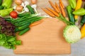 Closeup of fresh fruits and vegetables on wooden table, healthy food concept, abstract object and background Royalty Free Stock Photo