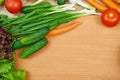 Closeup of fresh fruits and vegetables on wooden table, healthy food concept, abstract object and background Royalty Free Stock Photo