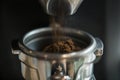 Closeup of fresh grinding coffee rosted in the coffee house Royalty Free Stock Photo