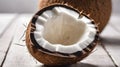 Closeup of fresh half coconut. Coconuts are native to tropical climates and they have good (HDL) cholesterol