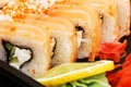Closeup fresh maki sushi on black plate