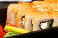 Closeup fresh maki sushi on black plate