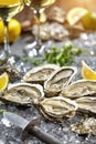 Fresh open oysters on ice with lemon and white wine