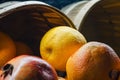 Closeup of fresh oranges in a basket in a market