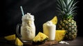 Closeup fresh pineapple milkshake smoothie and fresh pineapples, Generative AI