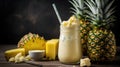 Closeup fresh pineapple milkshake smoothie and fresh pineapples, Generative AI
