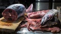 Closeup of fresh raw skipjack tuna on table in traditional asian stall for sale
