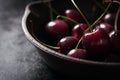 Closeup of fresh red cherry on an old pan with copy space