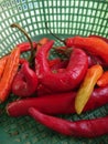 Closeup of a fresh red chilies in a green basket Royalty Free Stock Photo