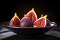 closeup fresh ripe delicious figs in dish on a black background Royalty Free Stock Photo
