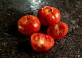 Closeup of fresh ripe tomatoes with water droplets on a black granite kitchen counter surface Royalty Free Stock Photo