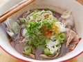 Fresh spicy noodles soup with pork and its tasty made-of-pig-blood thick broth Guay Tiao Rua Royalty Free Stock Photo