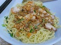 Closeup of fresh spicy topping egg noodles, without soup, Ba Mee Haeng Tom Yum - delicious and healthy street food in Thailand Royalty Free Stock Photo