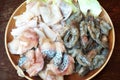 Closeup of Fresh squid, pacific white shrimp and fish Royalty Free Stock Photo