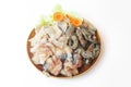 Closeup of Fresh squid, pacific white shrimp and fish Royalty Free Stock Photo