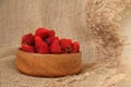 Closeup of fresh tasty strawberries in wooden bowl. Rustic style dessert Royalty Free Stock Photo