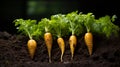 Closeup of fresh and vibrant organic carrot vegetable growing in the garden soil background