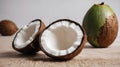 Closeup of fresh whole and half coconut. Coconuts are native to tropical climates and they have good (HDL) cholesterol.