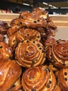 Closeup of freshly baked traditional ukrainian, sweet rolls / buns with raisins on shop shelf display Royalty Free Stock Photo