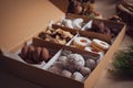 Closeup of the freshly baked various types of sweet and tasty Christmas cookies in a box