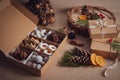 Closeup of the freshly baked various types of sweet and tasty Christmas cookies in a box