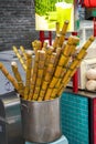 Closeup of freshly squeezed sugarcane juice at a street food stall