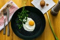 Closeup of fried egg in a black cast-iron pan without oil, sprinkled with salt strag with fresh parsley and garlic. Concept