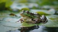 Closeup of a frog sitting on a lily pad in a murky polluted pond. Its skin appears discolored and pitted evidence of the Royalty Free Stock Photo