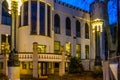 Closeup of the front entrance of the Tilburg city hall by night, Former royal palace of willem II, beautiful historical