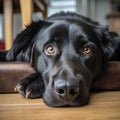 Closeup front facing portrait of a black adult labrador retriever mix dog laying on a couch with its head on top of a
