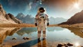 Astronaut Standing Inside a Lake on an Exoplanet - Generative Ai Royalty Free Stock Photo