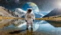 Astronaut Standing Inside a Lake on an Exoplanet - Generative Ai Royalty Free Stock Photo