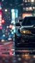 closeup front view of a black car with cyberpunk city background Royalty Free Stock Photo