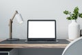 Closeup front view of home workplace with wooden desk with blank screen modern laptop, lamp and plant on light wall background in Royalty Free Stock Photo