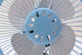 The closeup front view of a universal serial bus powered blue portable table fan